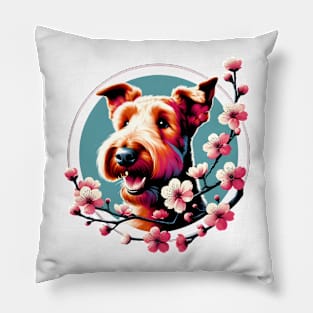 Joyful Irish Terrier Amidst Spring Cherry Blossoms Pillow