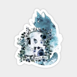 Blue cat and botanic Skull with flowers, memento mori, cat skull, witch, goth, watercolor Magnet