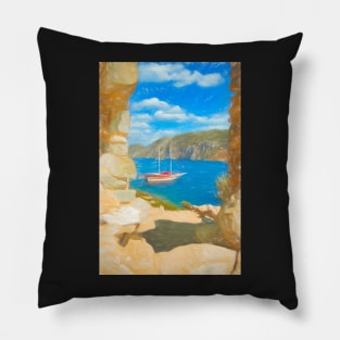 Sailboat anchored in an aegean bay in Turkey Pillow