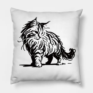 Stick figure of Maine Coon cat in black ink Pillow