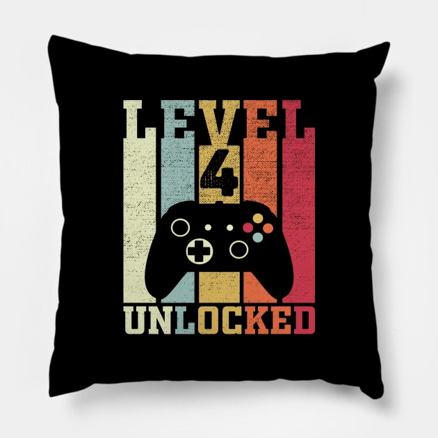 Level 4 Unlocked Funny Video Gamer 4th Birthday Gift Pillow by DragonTees