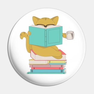 Cat with glasses drinking coffee or tea and reading book Pin