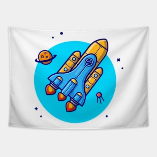 Space Shuttle Flying with Planet and Satellite Cartoon Vector Icon Illustration Tapestry