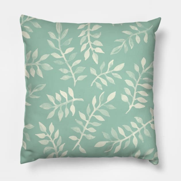 Painted Leaves - a pattern in cream on soft mint green Pillow by micklyn