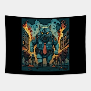 watercolor cat police after zombie Tapestry