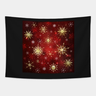 Golden Snowflakes on Red Background Tapestry