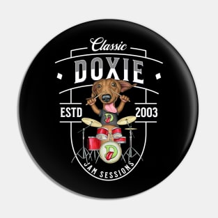 Fun doxie Dog playing drums for a rock and roll band on Doxie Jam Sessions tee Pin