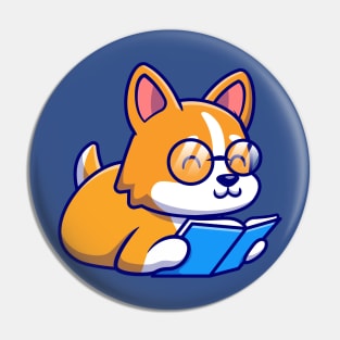 Cute Corgi Dog Reading Book Cartoon Pin