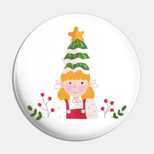 Cute Girl With Christmas Tree Pin