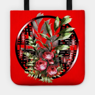 Red watercolor roses and a chinese lattice Tote