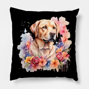 A labrador retriever decorated with beautiful watercolor flowers Pillow