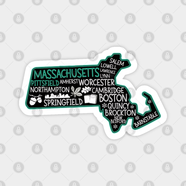 Massachusetts Pittsfield cute map Lowell Lawrence Lynn Worcester Springfield Magnet by BoogieCreates