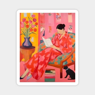 Lazy Reading Woman Pink Portrait Magnet