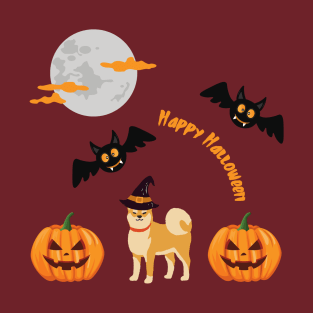 Shiba Inu with Witch Hat and Happy Halloween Sign, Spooky Pumpkin, Bats and Moon T-Shirt