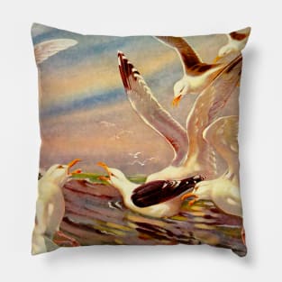 Seagulls in flock over the sea Pillow