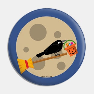 Halloween: Crow Riding a Broom on a Full Moon Pin