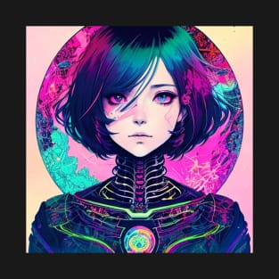 Anime Girl Colorful Psychedelic Abstract Colors Steampunk Cyberpunk Cute Kawaii Style T-Shirt