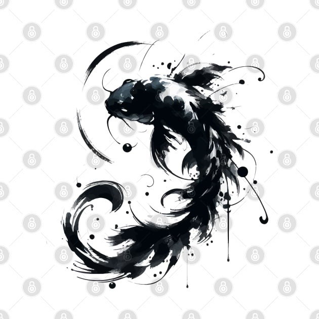 Sumie Brushstroke Karasu Black Koi Fish by TomFrontierArt