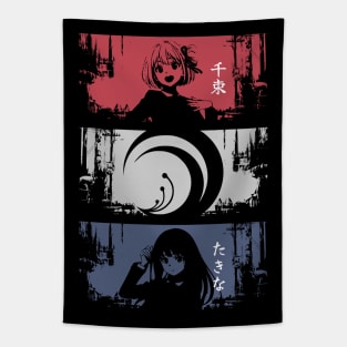 Lycoris recoil anime characters Chisato nishikigi and Takina inoue with lycoris recoil logo and their names in japan text Grunge distressed Tapestry