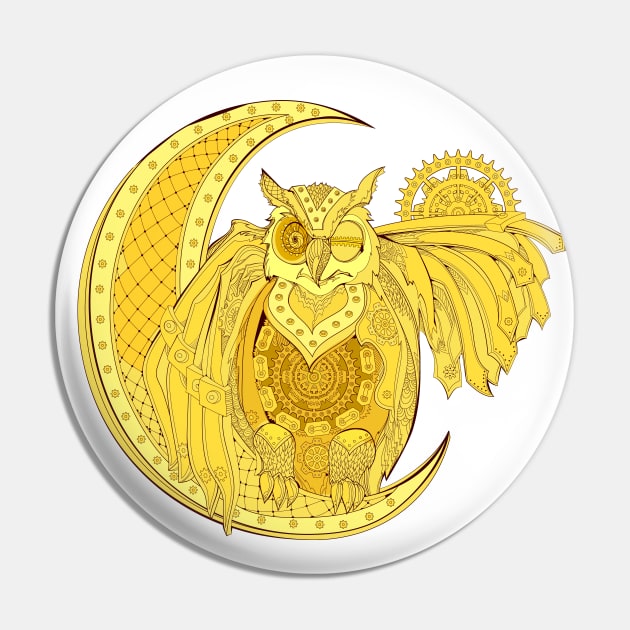 Gold steampunk owl Pin by Artist Natalja Cernecka