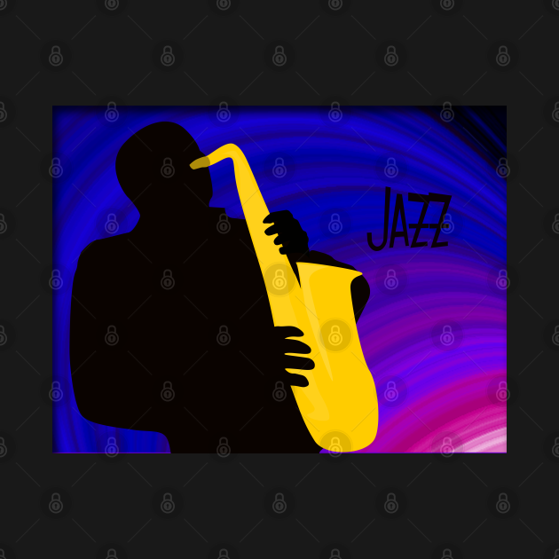 Discover Silhouette of a Jazz Saxophone Player, Purple Blue Background - Jazz - T-Shirt