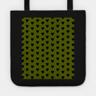 Black Hearts, Polka Dots, Pattern on Olive Green Tote