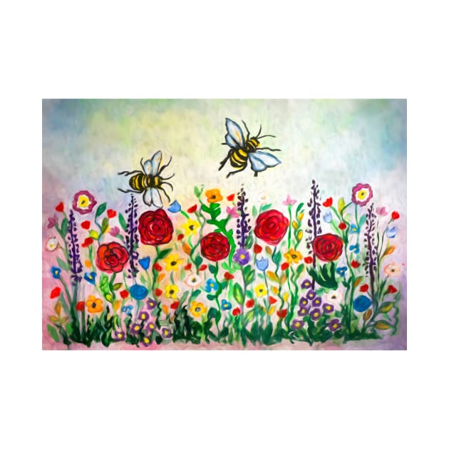 Summer meadow flowers and bees watercolor by redwitchart