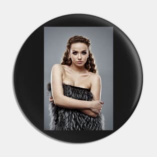 Fashion model on gray background, closeup Pin