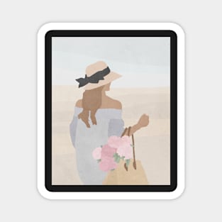 Girl with flowers, Hat, Boho style art, Mid century art Magnet