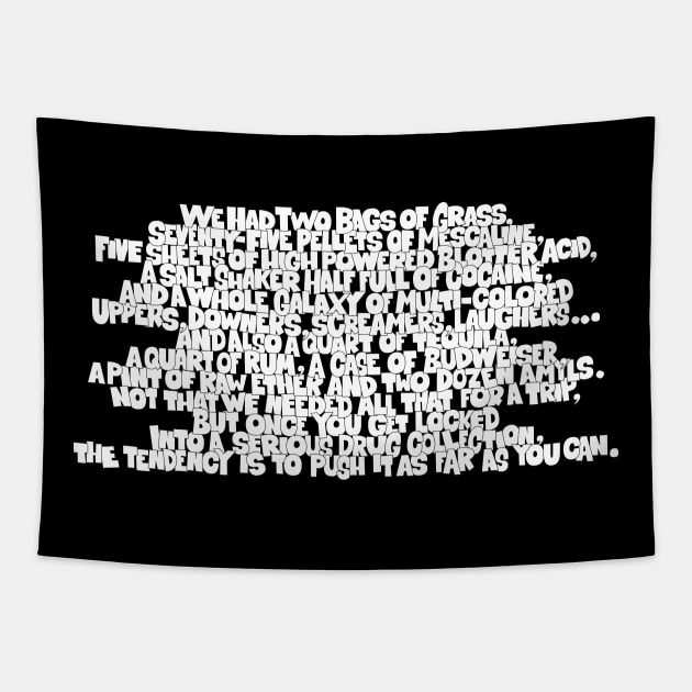 Mind-Bending Journey: Fear and Loathing Quote & Drug List Design Tapestry by Boogosh