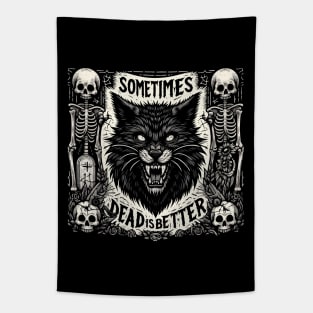 Dead is Better - Vintage Horror Cemetary - Evil Cat Woodcut Tapestry