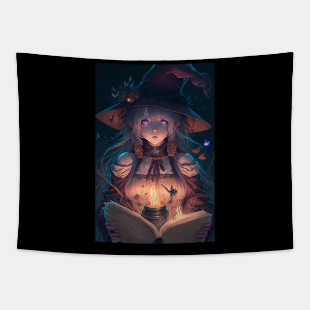 Anime Hot Wizard Girl Reading a Book of Spells Tapestry by Bubblebug