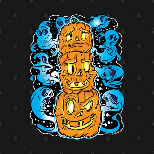 Jack-O-Lantern Pumpkin Totem with Ghosts by eShirtlabs by eShirtLabs