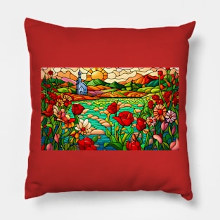 Stained Glass Colorful Mountain Flowers Pillow