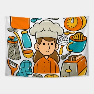 Woman Chef Kawaii Doodle Tapestry