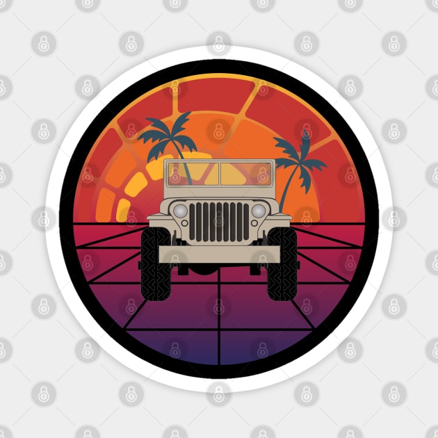 Retro Sunrise Jeep - Tan Magnet by SunGraphicsLab
