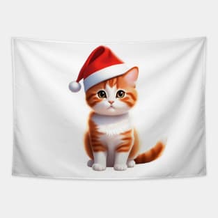 A Cute Christmas Cat Wearing Santa Hat Tapestry