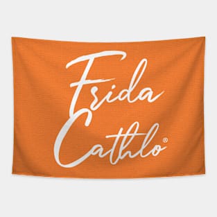 Orange Text W back Cat Frida Cathlo version of - Frida Kahlo Tapestry