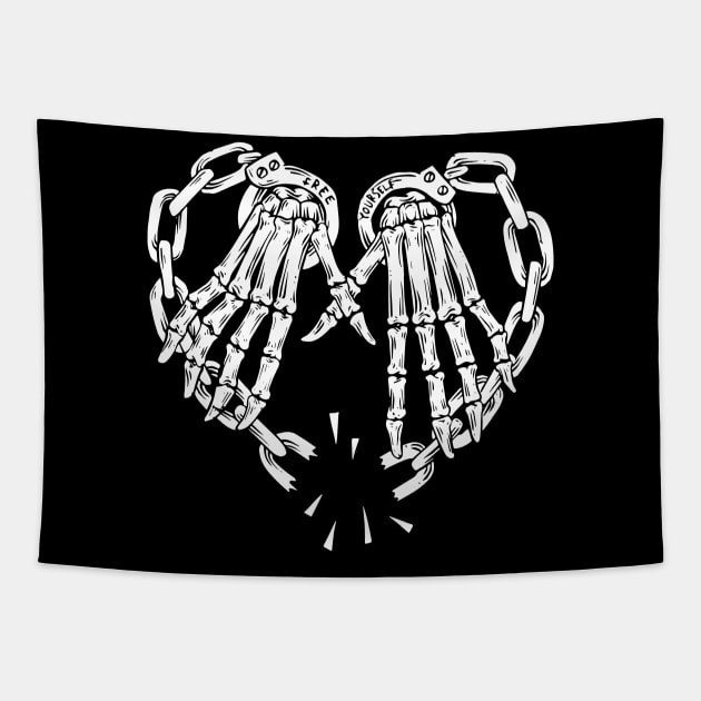 Skull hands and broken heart-shaped chains for Halloween Tapestry by Supergraphic