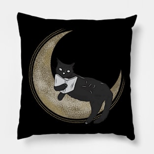 Black Cat Reading On The Moon Pillow