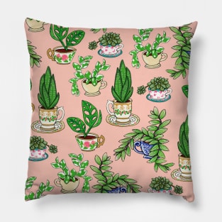 Teacup Plants Pattern in Pink Pillow