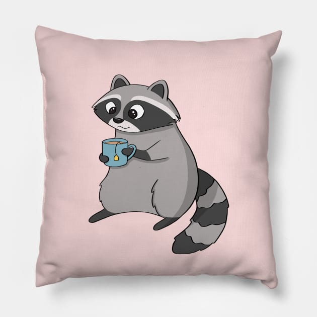 Raccoon Drinking Tea Pillow by Meowrye