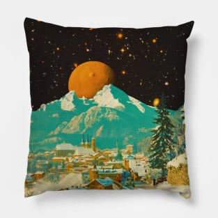 Sunny Village On The Snow Moon - Space Collage, Retro Futurism, Sci-Fi Pillow