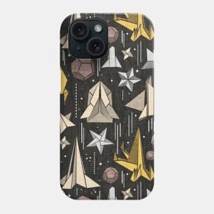 Reaching for the stars // pattern // black background ivory grey brown and yellow origami paper asteroids stars and space ships traveling light speed Phone Case