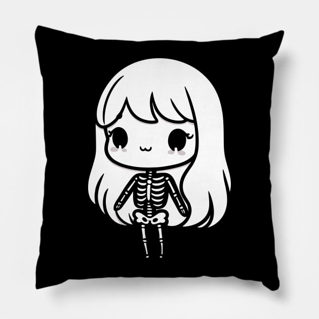 Cute Kawaii Skeleton Girl Design for Halloween Costume | Cute Skeleton Illustration Pillow by Nora Liak