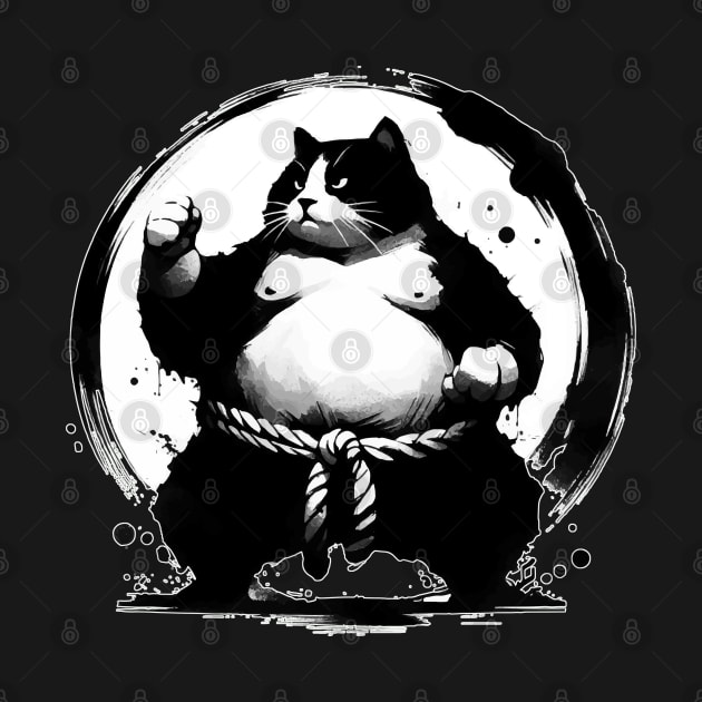 Sumo Cat Wrestler Sumie Enso Circle Japanese Brushstroke by TomFrontierArt
