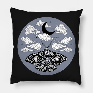 Moth Moon and Clouds Blue Pillow