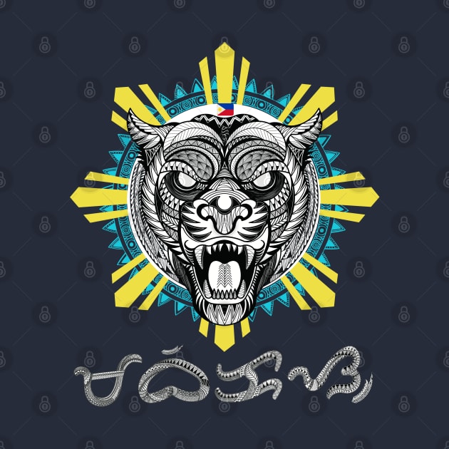 Philippine Sun Tribal line Art Tiger / Baybayin word Mabikas (Elegant/Strong) by Pirma Pinas