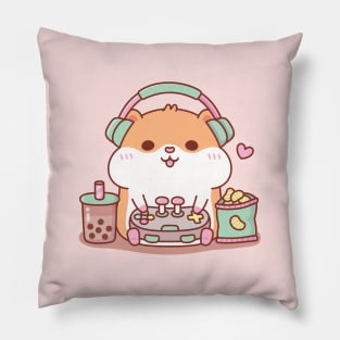 Cute Chubby Hamster Gamer Playing Video Games Pillow