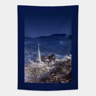 snowy church steeple Tapestry